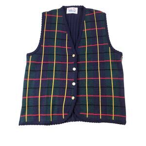 Vintage Tally-Ho plaid sweater vest blue green red scalloped gold crest button